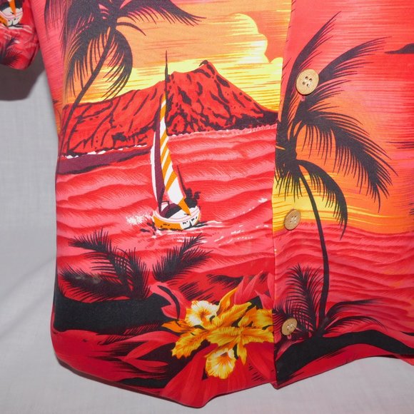 VTG Y2k AIR EAGLE Mens L Red Yellow Sunset Palm Trees Hawaiian Shirt - Picture 8 of 12